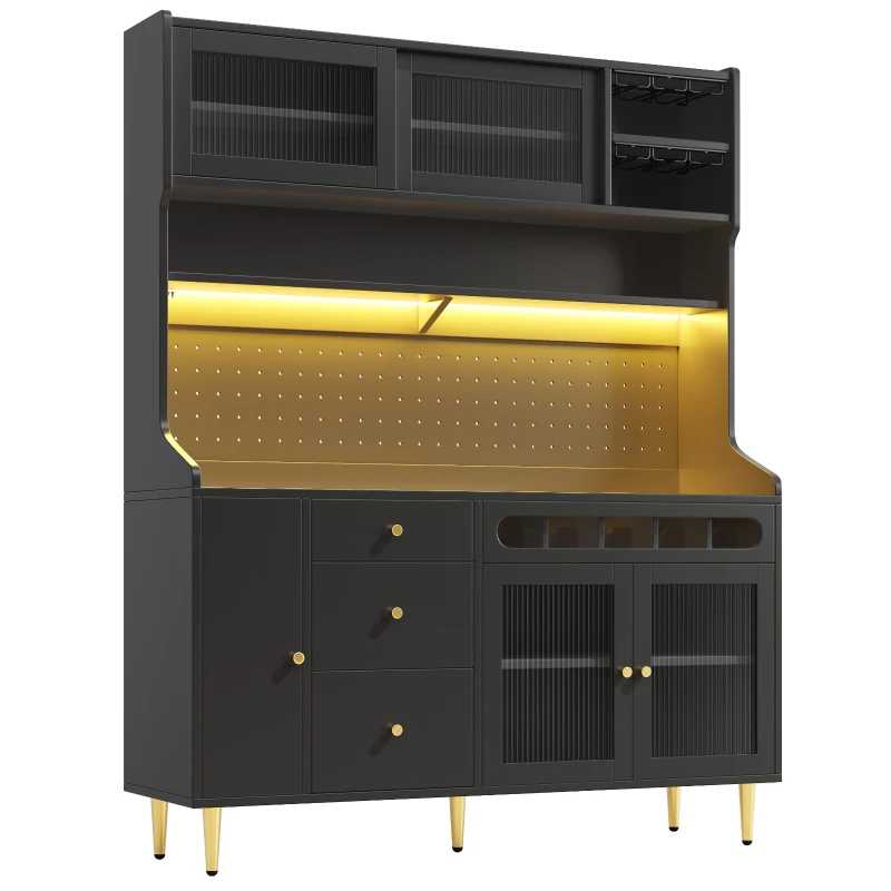 Modern Highboard with LED Lighting & Adjustable Shelves, Freestanding Cabinet with Pull-Out Wine Rack, 145L x 39W x 171H cm, Black