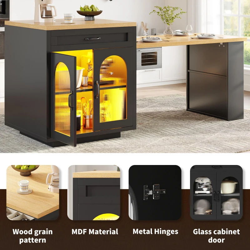 Extendable Kitchen Island with App-Controlled RGB LED Lighting, Versatile Cabinet for Dining or Preparation, 126-196L x 59W x 94H cm, Black