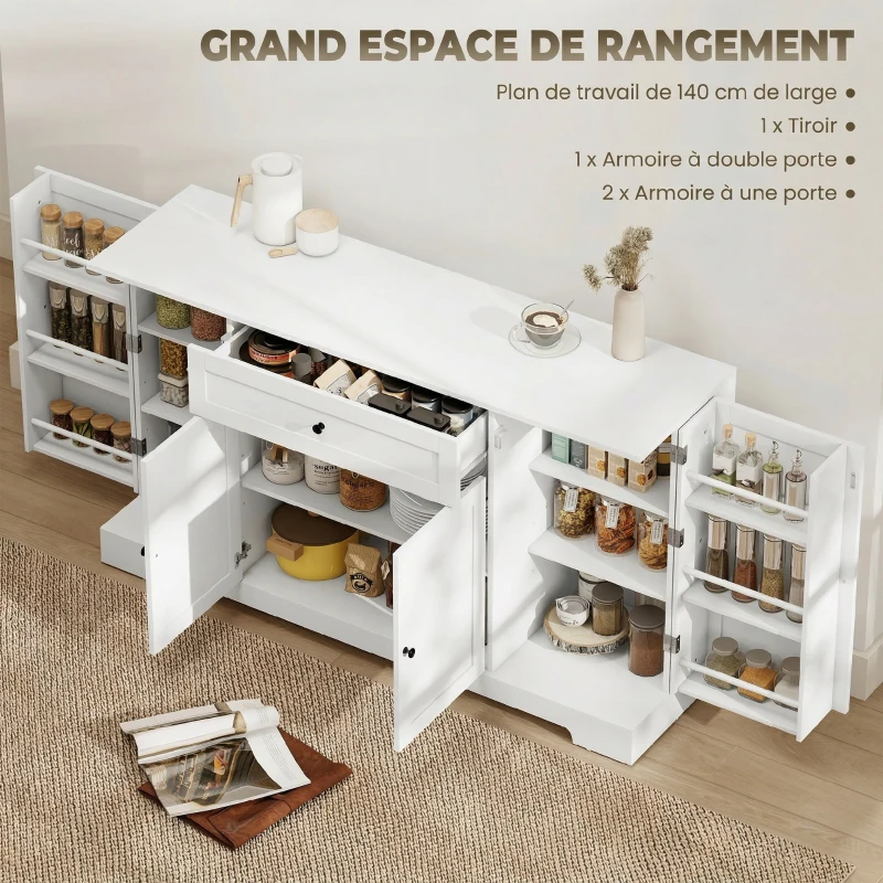 HOMCOM Buffet cuisine, meuble de rangement avec tiroir, 4 portes à fermeture douce, racks-porte et étagères réglables, blanc