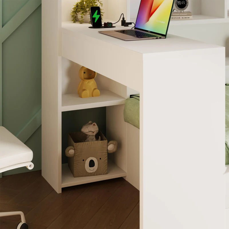 Multi-Functional Single Daybed with Bookcase & Computer Desk, Space-Saving Bed Frame with Ergonomic Desk, 63L x 114W x 100H cm, White