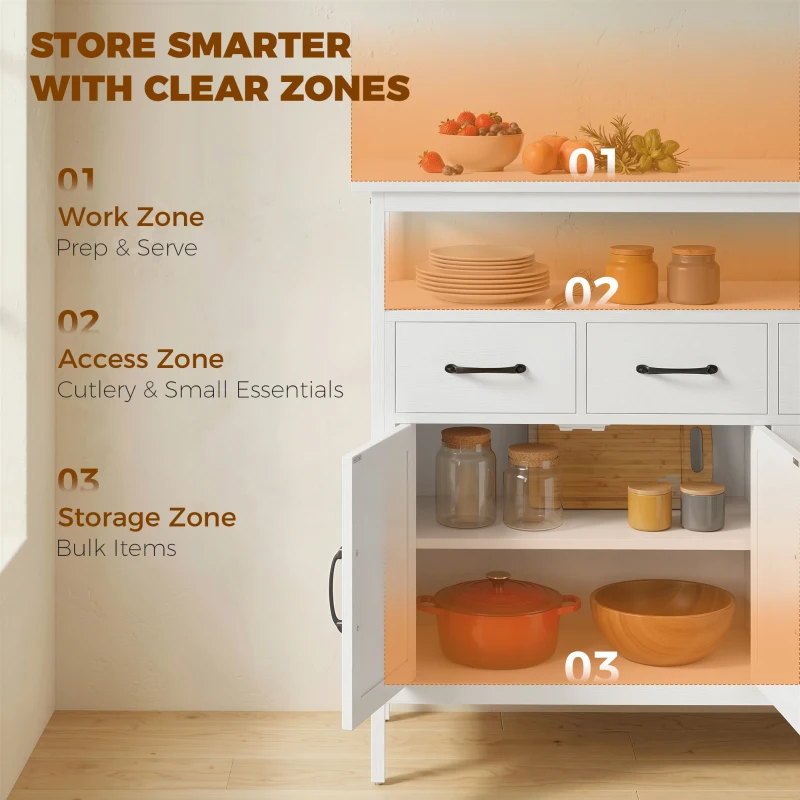 HOMCOM Komoda z regulowanymi półkami, bufet z szufladami, 95 cm, biały
