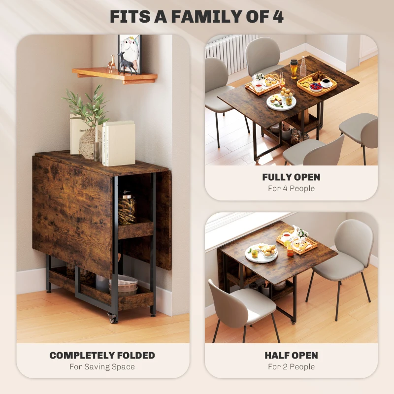HOMCOM Industrial Folding Dining Table, Drop Leaf Table with Open Compartments for Small Spaces, Kitchen, Dining Room, Rustic Brown