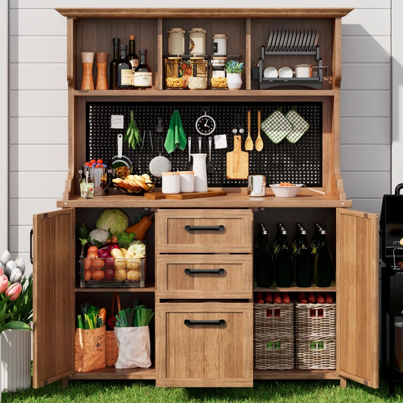 Freestanding Outdoor Cupboard with Drawers, Pegboard and Shelves, Sturdy Storage Cabinet for Kitchen, 120L x 50W x 185H cm, Natural