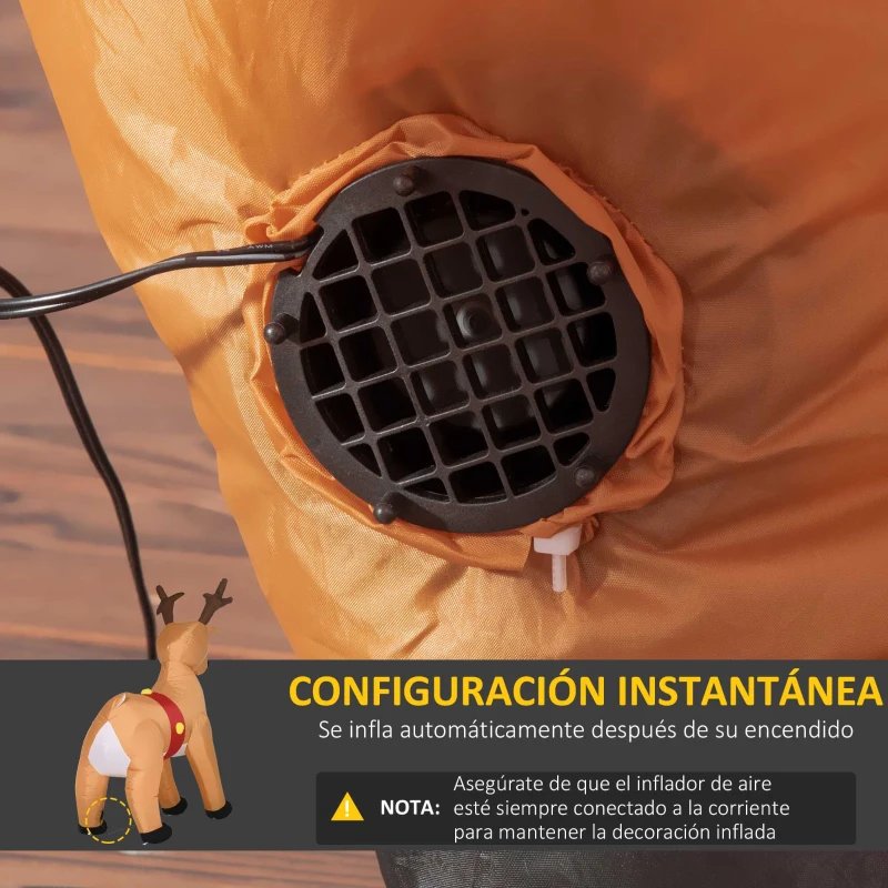 HOMCOM Reno Inflable de Navidad de 180 cm con Luces LED Ventilador Interno y Accesorios Poliéster IP44 Marrón