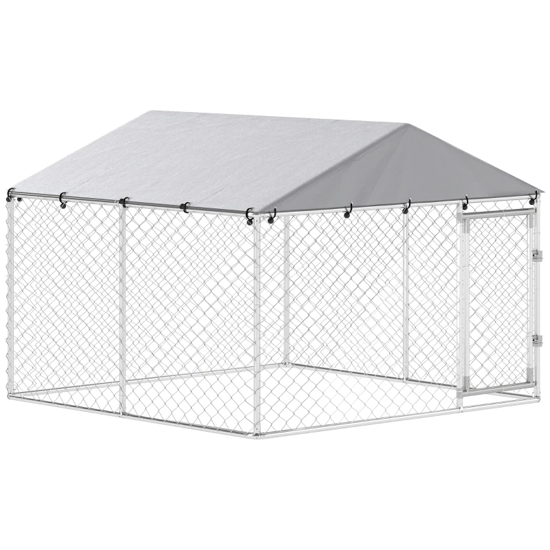 PawHut Enclos pour Chiens d'Extérieur en Acier Galvanisé avec Toit en PE, Anti-UV, Imperméable, Double Fermeture, Argent