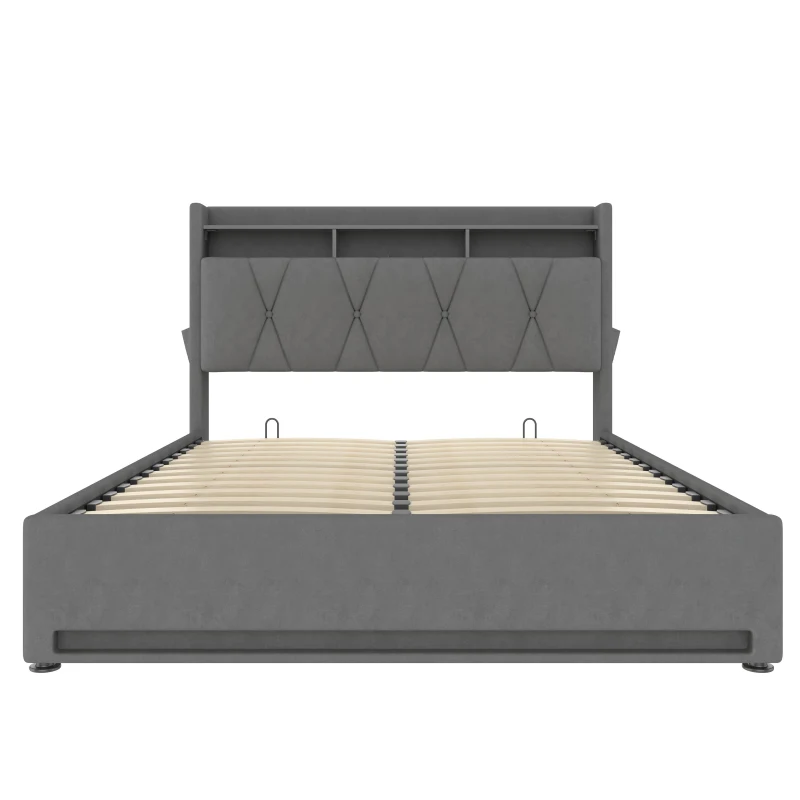 Padded Storage Bed Frame with LED Lighting and USB‑C Charging, Hydraulic Bed with Hidden Storage, 143L x 211W x 116.5H cm, Dark Gray