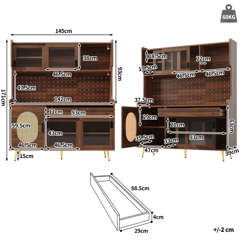 Country Style Sideboard with App-Controlled LED Light Strip, Sturdy Cabinet for Living & Dining Area, 145L x 39W x 171H cm, Brown