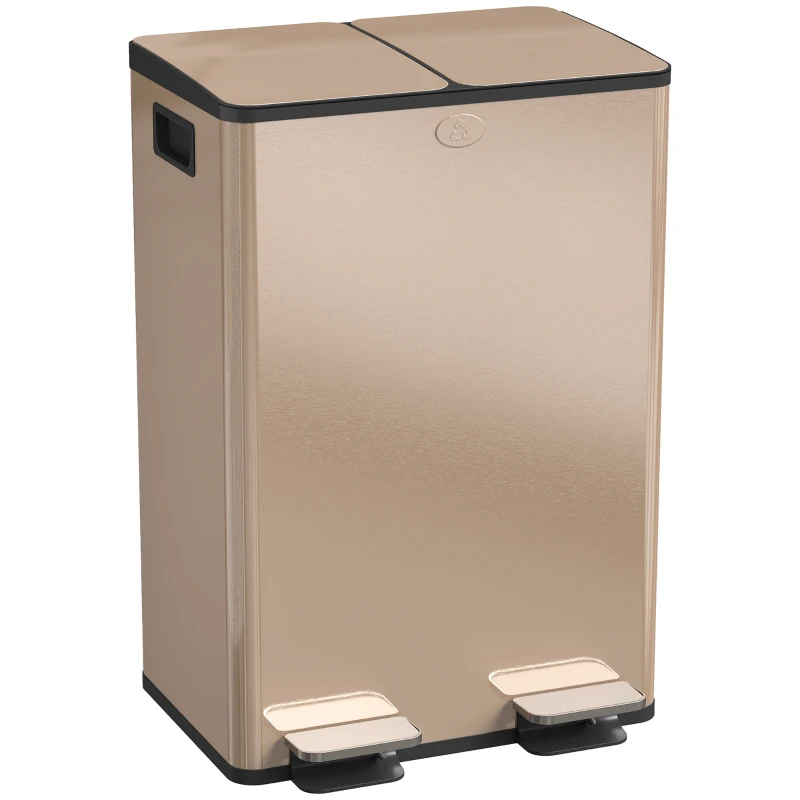 HOMCOM Coș de bucătărie 2 compartimente de 2 x 28 l, oțel inoxidabil, capac cu închidere silențioasă, 45,8x36x67,6cm, auriu
