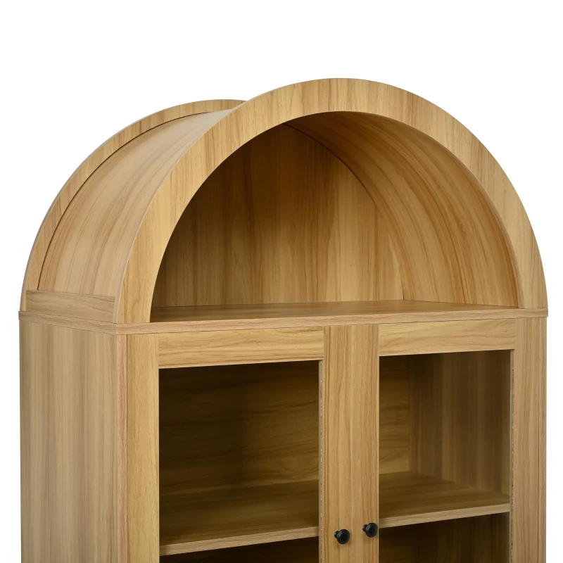 Hohes Sideboard mit Bogendecke, Glasvitrinentüren, Wellenmuster, 78 x 40 x 176 cm, Naturfarbe