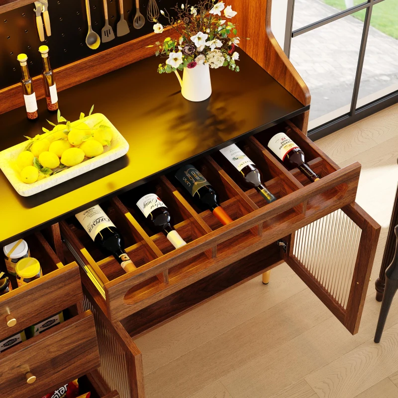 Stylish Highboard with LED Lighting & App Control, Freestanding Storage Cabinet with Adjustable Shelves, 145L x 39W x 171H cm, Walnut