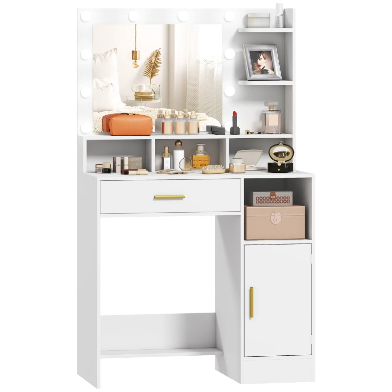 HOMCOM Coiffeuse avec miroir et 10 lumières LED, luminosité réglable, tiroir, placard et étagères ouvertes, 80x40x135cm, blanc