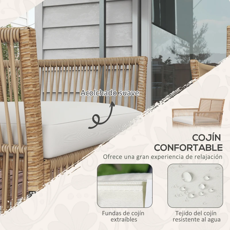 Outsunny Juego de 4 Piezas Muebles de Terraza con 1 Sofá de 2 Plazas 2 Sillones y 1 Mesa de Centro con Encimera de Cristal Beige