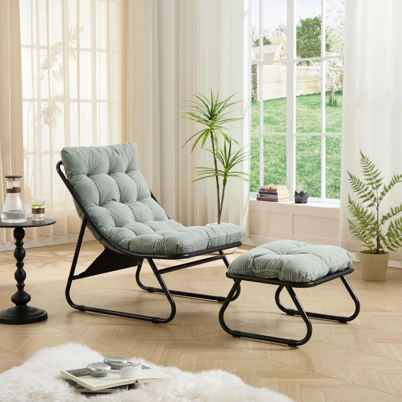 Poltrona lounge da esterno con pouf, cuscino imbottito, tessuto sling, struttura in acciaio, Verde chiaro