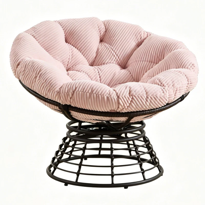 Poltrona Papasan, girevole a 360°, cuscino spesso(tessuto a coste), struttura in acciaio, 92x92x67 cm, Rosa
