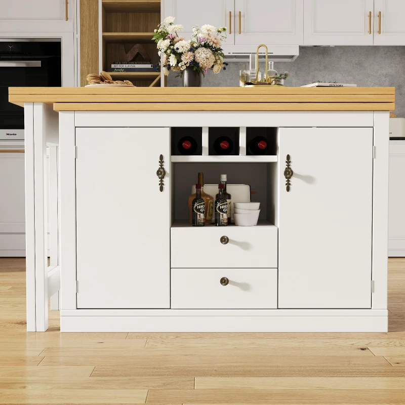 Extendable Bar Table with Smart Pull-Out System, Multifunctional Sideboard with Adjustable Compartments, 120-180L x 40W x 76H cm, White
