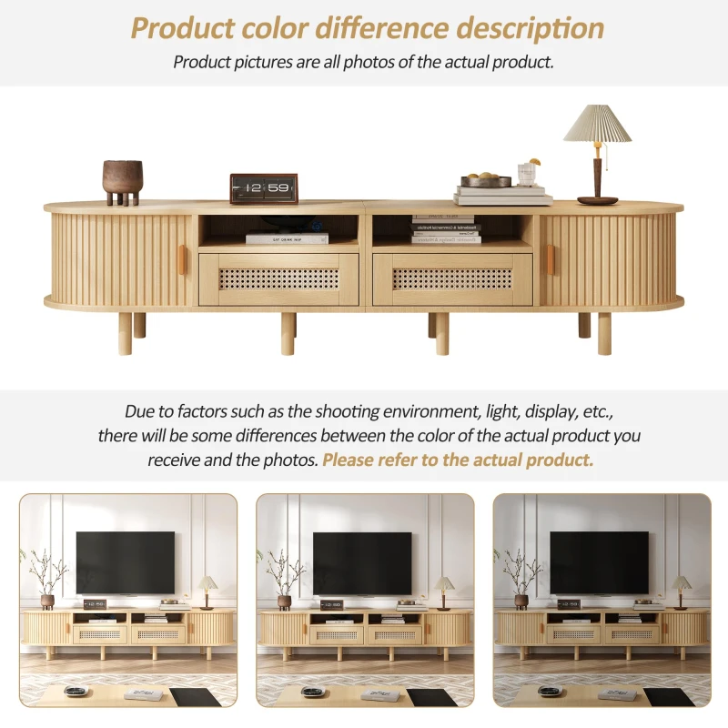 Modern TV Stand with 2 Drawers, 2 Sliding Doors & 8 Solid Wood Legs, Versatile Cabinet with Rounded Corners, 170L x 40W x 40H cm, Oak