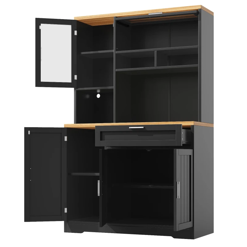 Tall Display Cabinet with USB-Powered App-Controlled LED Lighting, Modern Sideboard for Kitchen, Living Areas, 104L x 40W x 180H cm, Black