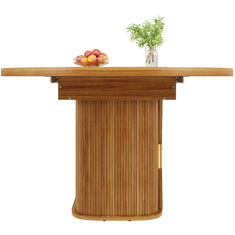 Extendable Dining Table with 3-Tier Hidden Storage and Sliding Rail, Round Kitchen Table for 6 People, 118-158L x 118W x 77H cm, Walnut