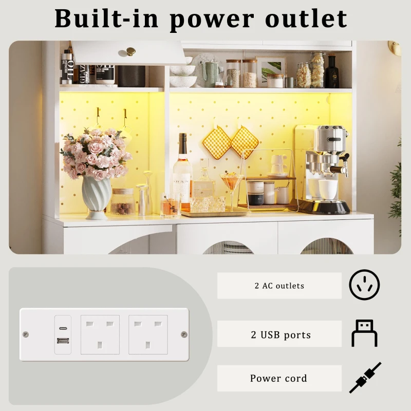 Tall Kitchen Cabinet with Built‑In Power Outlets & 2 USB Ports, Modern Sideboard with App-Controlled LED, 120L x 40W x 176H cm, White