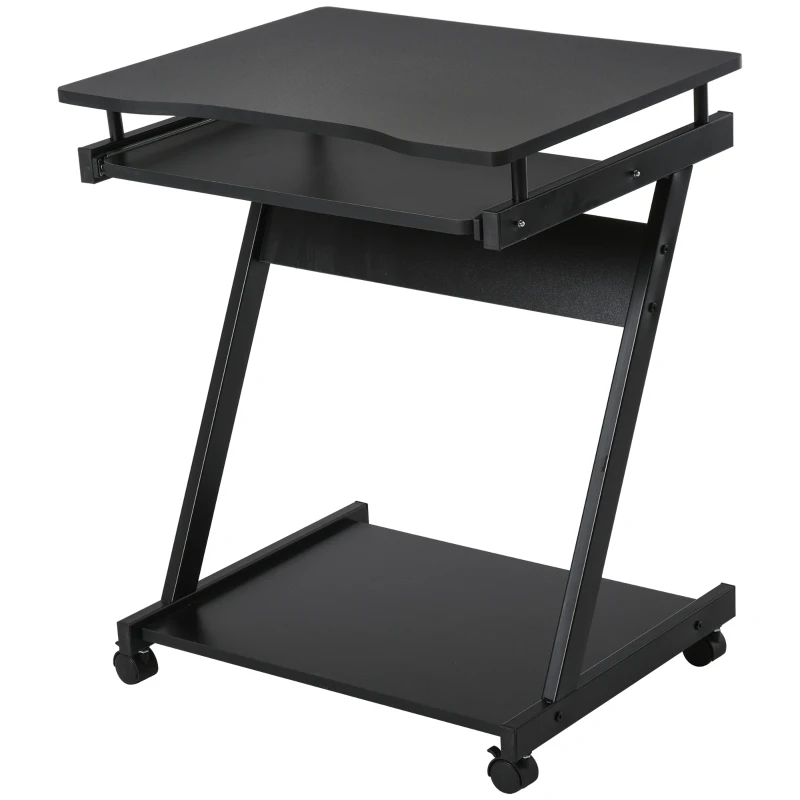HOMCOM Mesa de Ordenador con Ruedas 60x48 cm con Bandeja Deslizante para Teclado y Estante Inferior Marco Metálico Negro