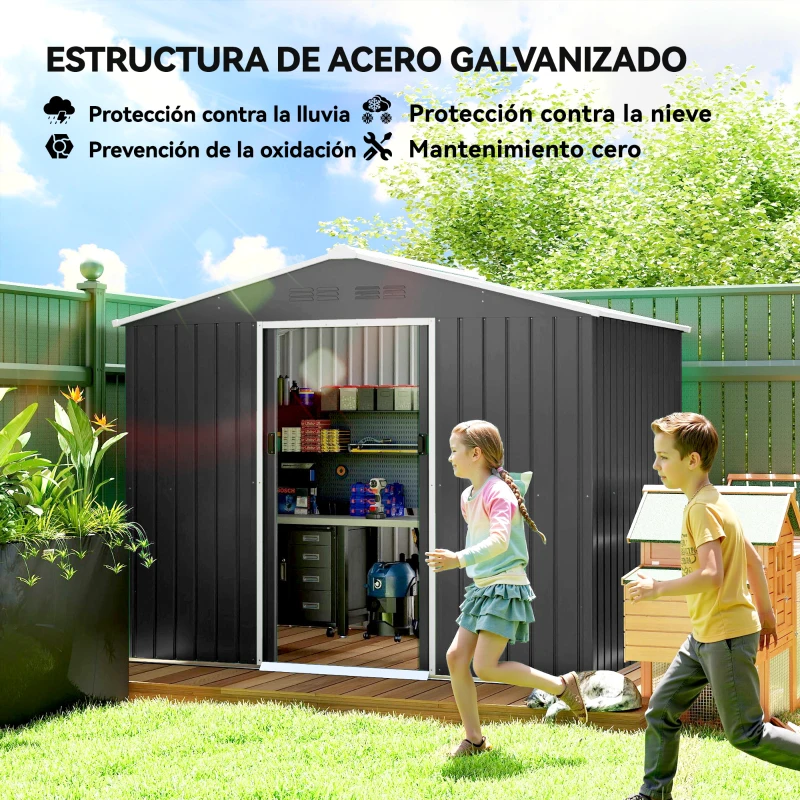 Outsunny Cobertizo de Jardín Exterior 3,6 m² 236x171x191 cm con Puertas Correderas y Ranuras de Ventilación Gris Oscuro