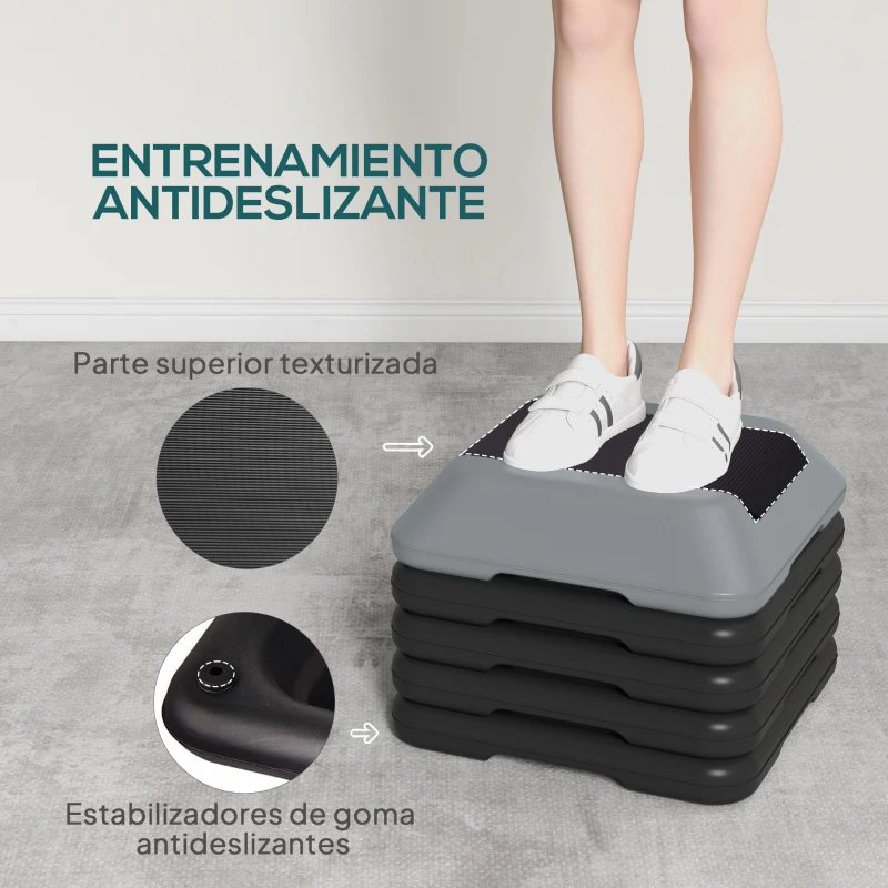 SPORTNOW Step para Fitness Stepper Antideslizante con Altura Ajustable de 10/15/20/25/30 cm Carga 150 kg Gris