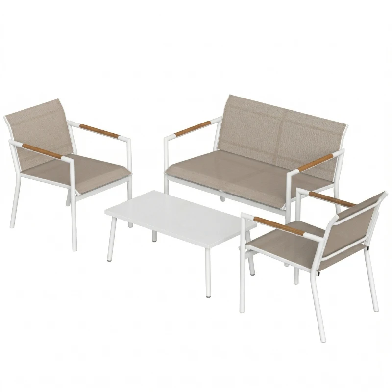 Outsunny 4 Seater Garden Furniture Set with Loveseat, Armchairs, Table, Metal Garden Sofa Set with Breathable Seats, Khaki
