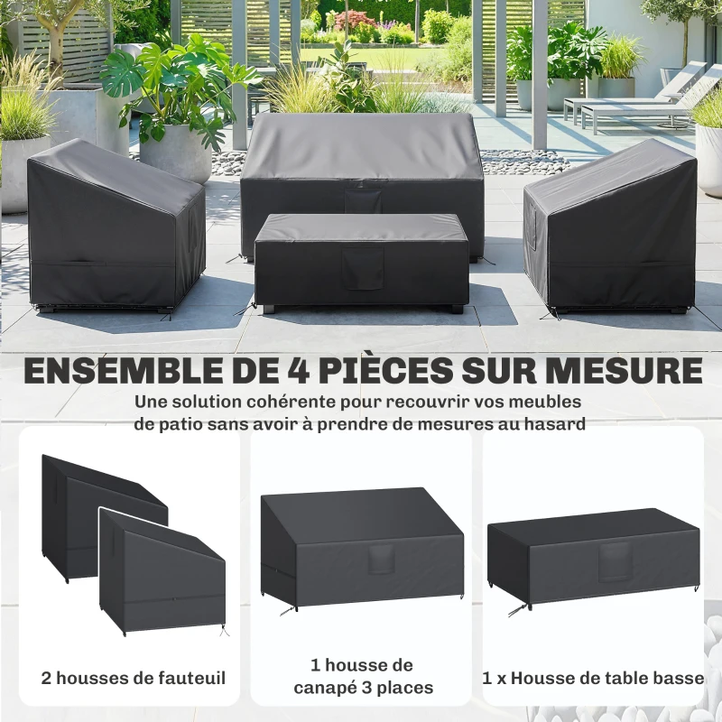 Outsunny Ensemble de 4 Housses Salon de Jardin Imperméables 420D Tissu Oxford, 6 Évents et Sac de Rangement, 142x80x77cm, Noir