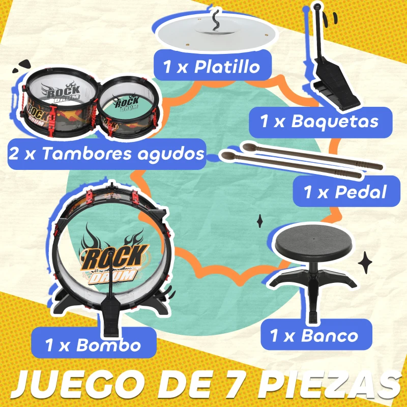 AIYAPLAY Batería para Niños de +3 Años con Taburete Tambores Bombo Platillo y Baquetas 59,5x31,5x59 cm Negro