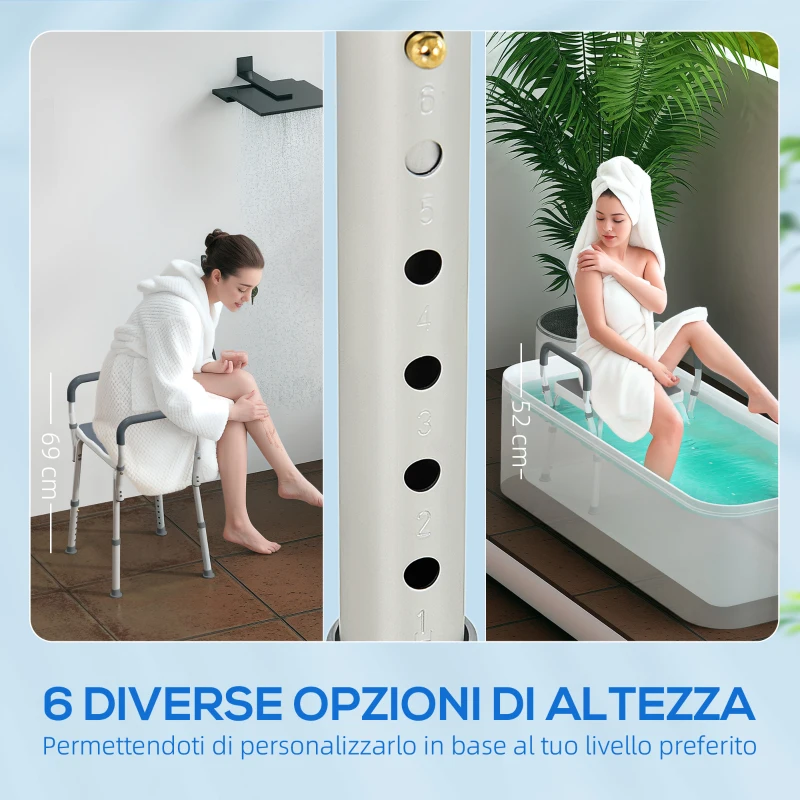HOMCOM Sgabello per Doccia Regolabile con Braccioli e Fori di Drenaggio in Alluminio, 52x45x57-69 cm, Grigio