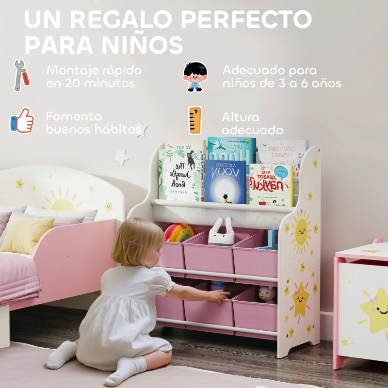 AIYAPLAY Estantería Infantil para Juguetes con 6 Cajas Extraíbles de Tela no Tejida y 2 Estantes para Guardería 63x30x71 cm Rosa
