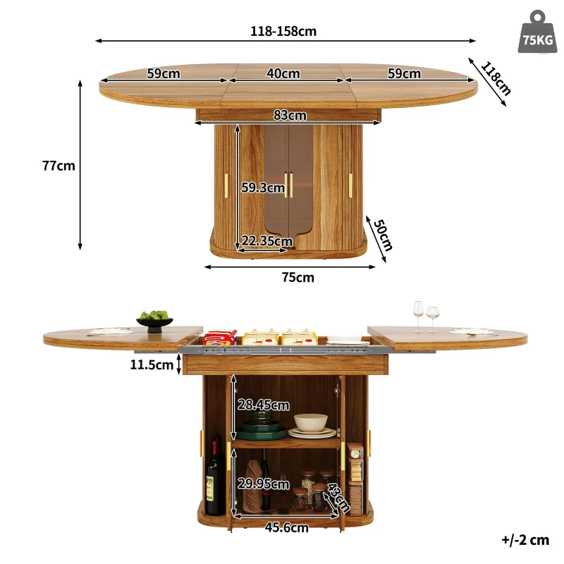 Extendable Dining Table with Hidden Storage and Glass Doors, Round Kitchen Table for 6 People, 118-158L x 118W x 77H cm, Walnut