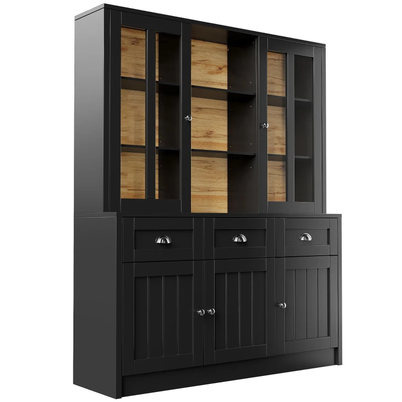 Freestanding Display Cabinet with Adjustable Shelves & Soft-Close Hinges, Tall Sideboard for Living Area, 140L x 38.5W x 175H cm, Black