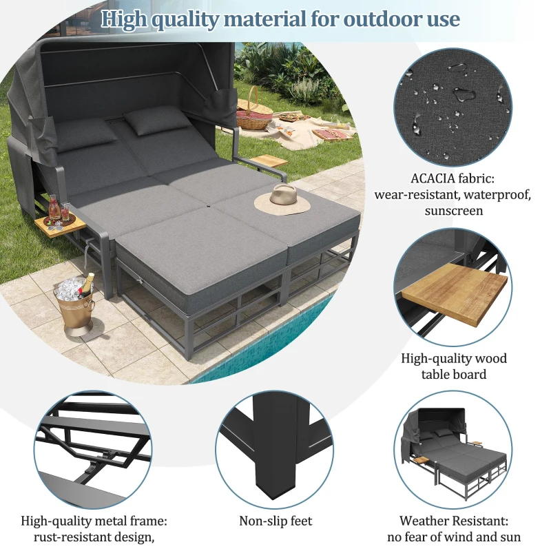 Convertible Garden Lounge Set with Double Reclining Lounger, Outdoor Rattan Sofa Set with Adjustable Backrest, 128L x 117W x 40H cm, Gray