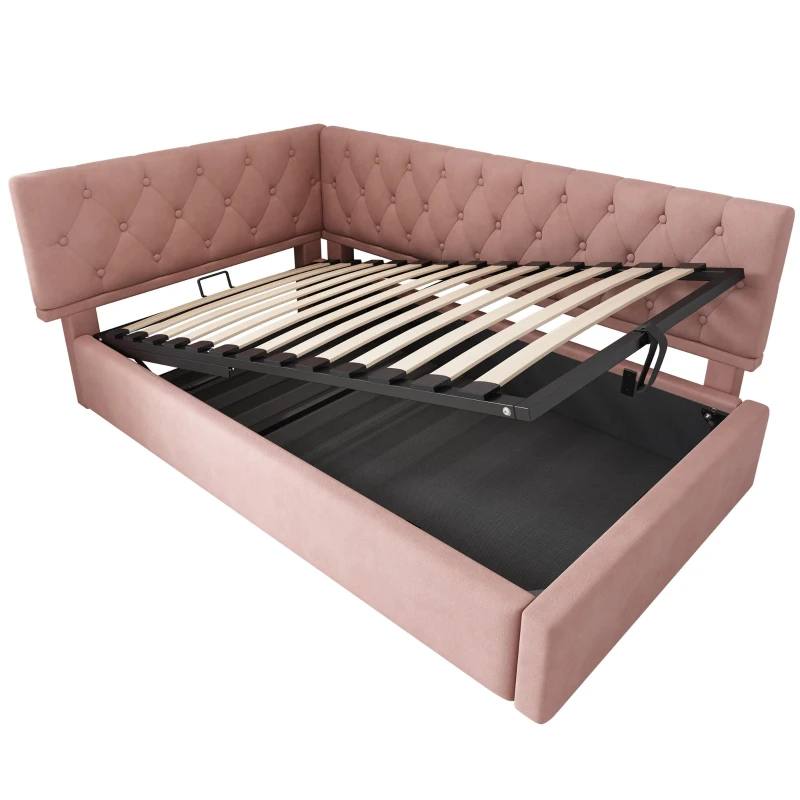 Stylish Upholstered Daybed with Hydraulic Ottoman Storage, L-Shaped Single Sofa Bed with Velvet Fabric, 196L x 100W x 77H cm, Pink
