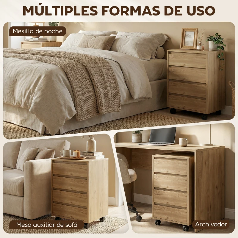 HOMCOM Cajonera de Oficina con 4 Cajones Cajonera de Escritorio con Ruedas para Estudio 46x40x65 cm Marrón