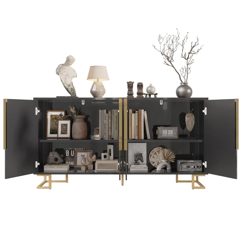 Stylish Sideboard with 2 Doors, 4 Shelves and Geometric Door Design, Durable Cabinet with Slim Metal Feet, 152L x 40W x 75H cm, Black