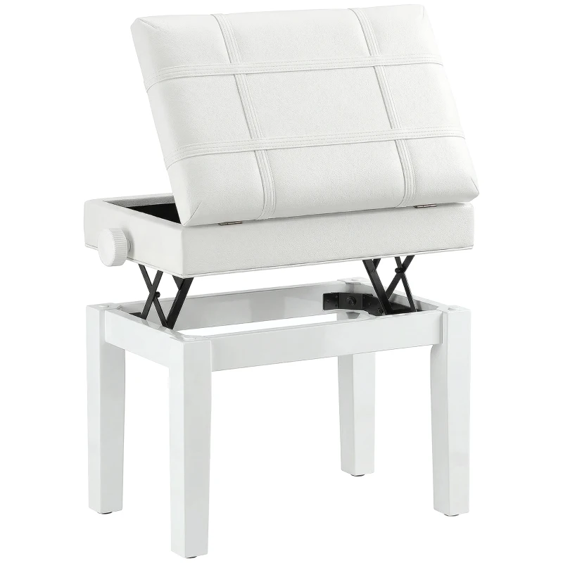 HOMCOM Banquette tabouret siège pour piano coffre intégré hauteur réglable bois hévéa assise revêtement synthétique blanc