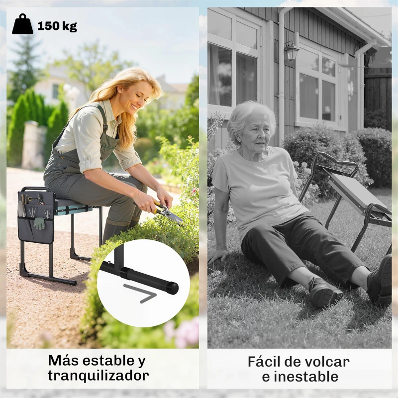 Outsunny Taburete de Jardín Plegable con Almohadilla de Espuma EVA Asiento de Jardín con Bolsa para Herramientas Gris Oscuro