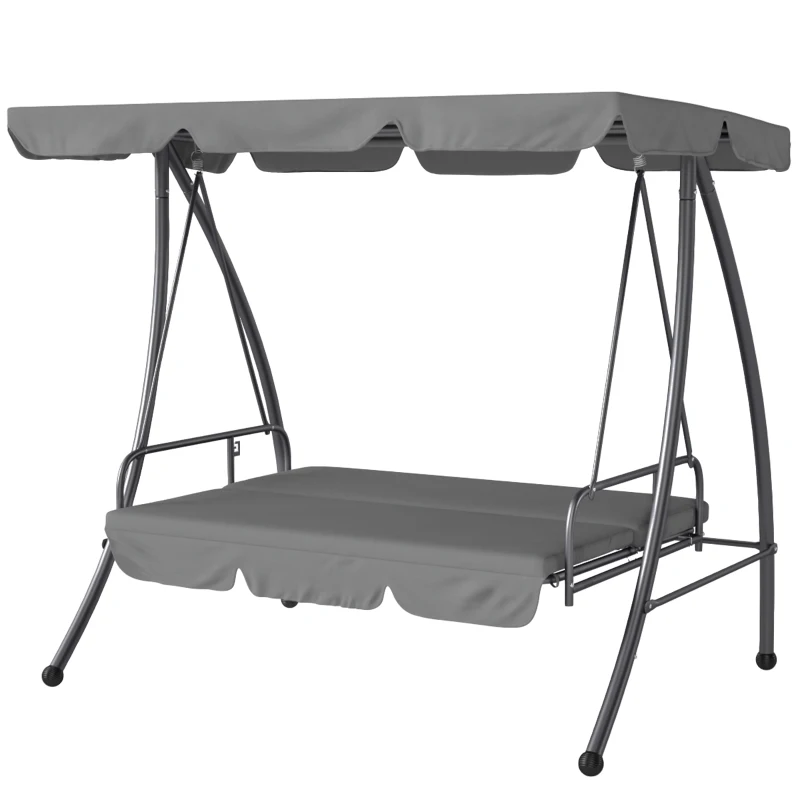 Outsunny Outdoor 2-in-1 Swing Chair Lounger 3 Seater Garden Swing Seat Bed Convertible Tilt Canopy W/ Cushion, Light Grey