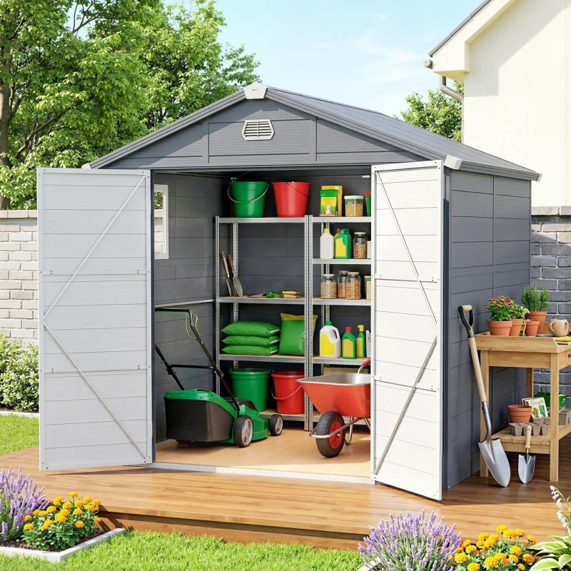 Outsunny Abri de jardin en résine 4,56 m² avec kit de fondation galvanisé structure en aluminium 240 x 190 x 228 cm gris foncé(m-6)