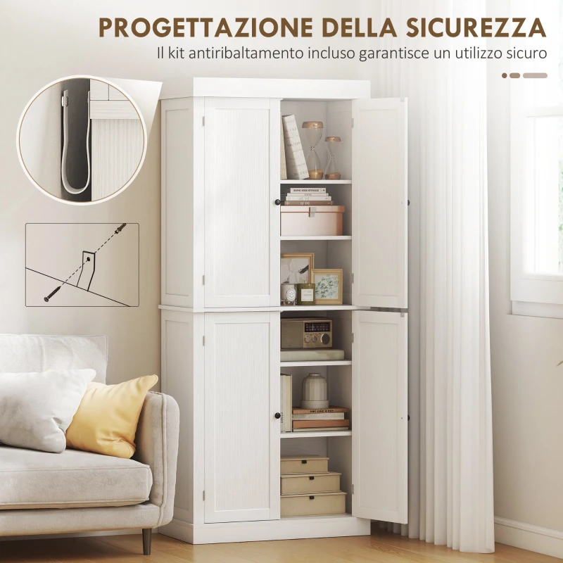 HOMCOM Mobile Cucina Alto con 6 Ripiani Regolabili e 2 Ante in Legno, 76x40.5x184 cm, Bianco