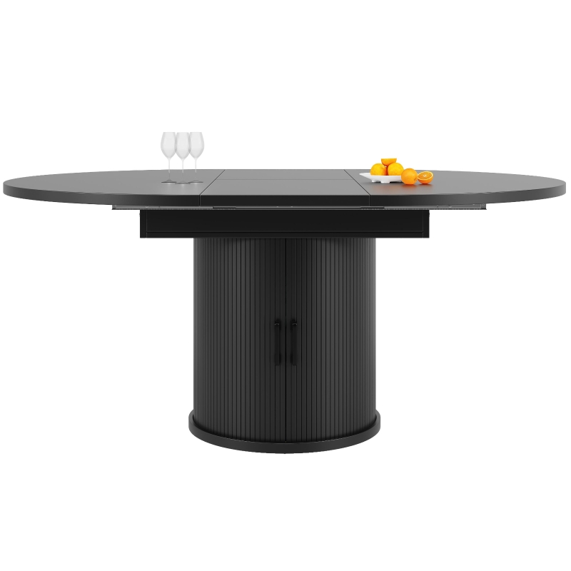 Extendable Dining Table with Curved Sliding Doors and 2 Shelves, Space-Saving Kichen Table for 6 People, 118L x 118W x 76H cm, Black