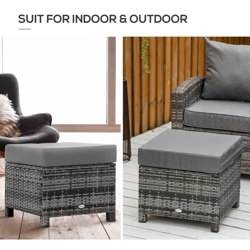 Outsunny Outdoor PE Rattan Footstool, Patio Wicker Ottoman with Cushion, for Backyard Garden Poolside Living Room 50 x 50 x 35 cm, Grey