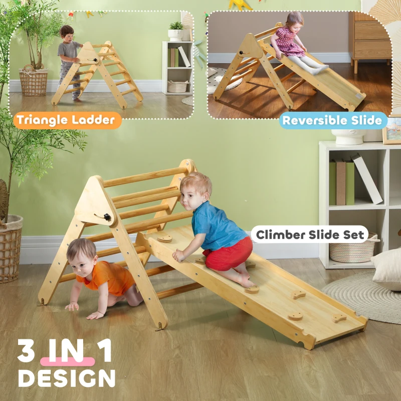 AIYAPLAY Toddler Climbing Frame, Wooden Climbing Frame Indoor for Kids with Ramp, 2 in 1 Pikler Triangle Set Baby Gym for 18-48 Months, Natural Wood Finish