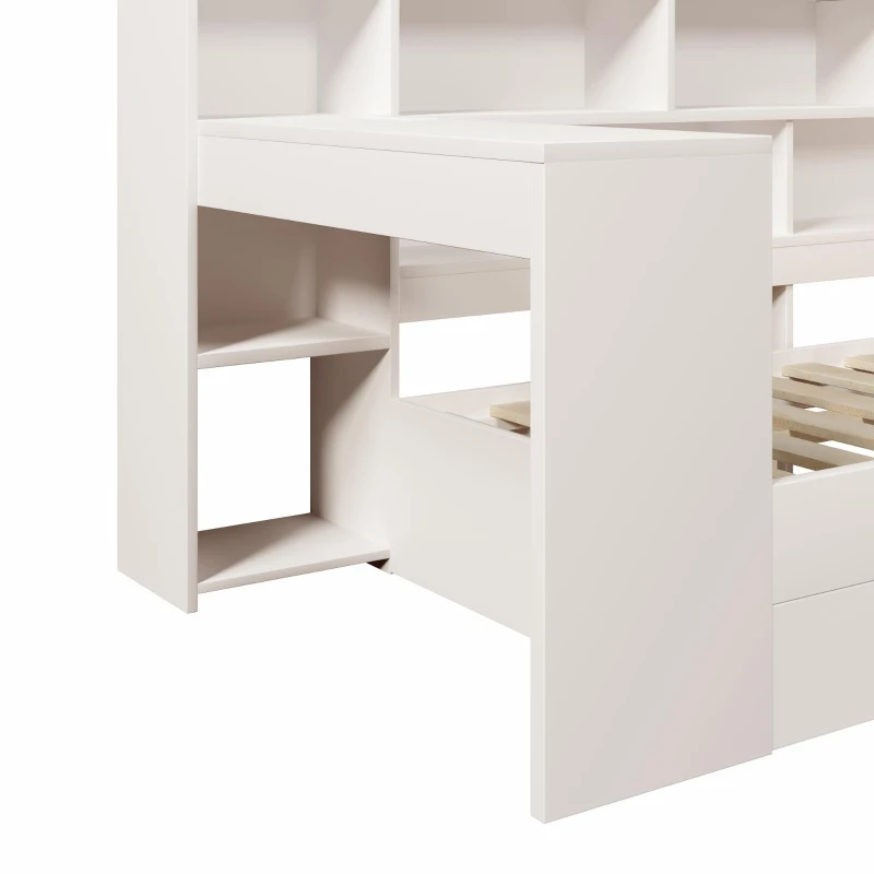 Multi-Functional Single Daybed with Bookcase & Computer Desk, Space-Saving Bed Frame with Ergonomic Desk, 63L x 114W x 100H cm, White