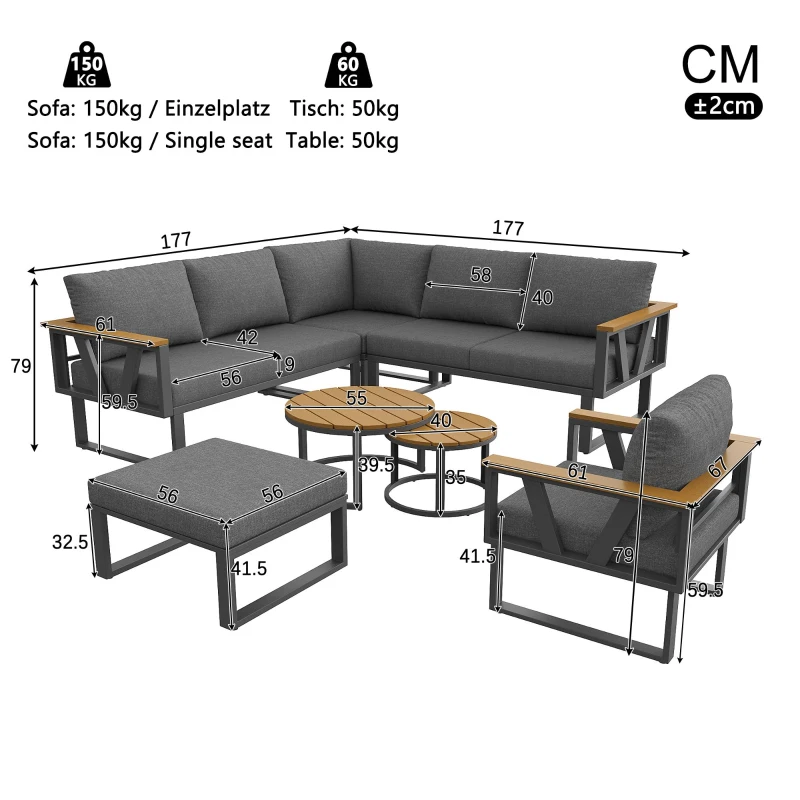 Stylish Modular Garden Sofa Set with Washable 9 cm Cushions, Versatile Garden Furniture Set for 6-7 Seater, 177L x 177W x 79H cm, Gray