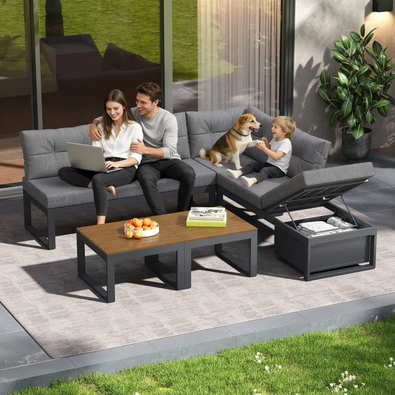 Gartenmöbelset mit verstellbaren Rückenlehnen und Liegefunktion, verstecktem Stauraum, für Terrasse, Balkon und Garten, Dunkelgrau