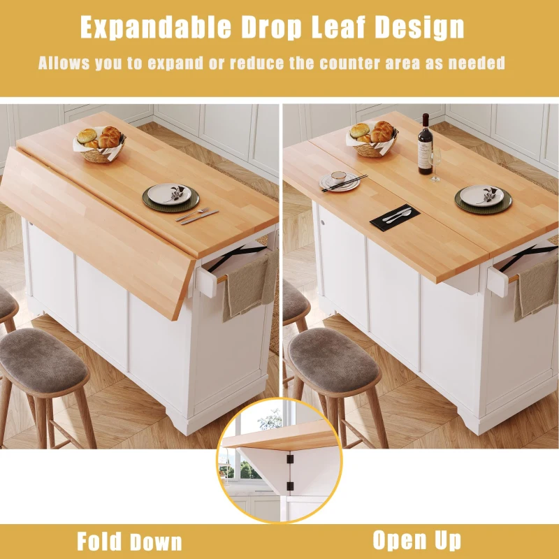 Multifunctional Kitchen Cart with 3 Drawers and 2 Glass-Front Doors, Mobile Kitchen Island with Drop-Leaf Table, 120L x 71W x 98H cm, White