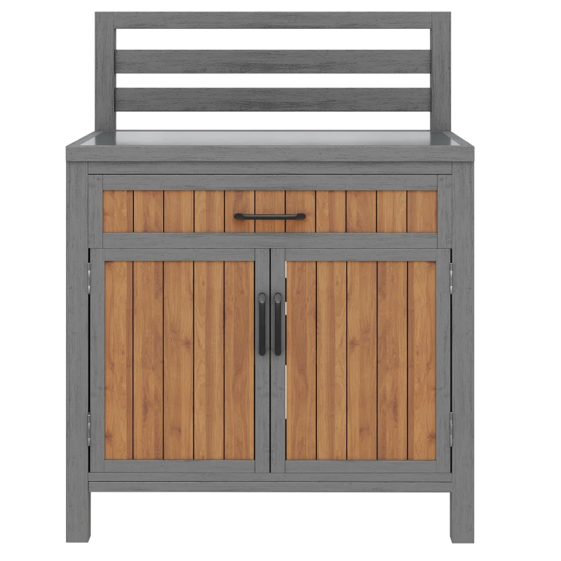 Solid Fir Wood Garden Storage Cabinet with Large Work Surface, Weather-Resistant Grill Station for Outdoor Use, 80L x 51W x 119H cm, Natural
